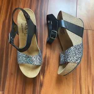 PLAKTON Bios Sparkly Silver Glitter Ankle Strap Cork Platform Wedge Sandals